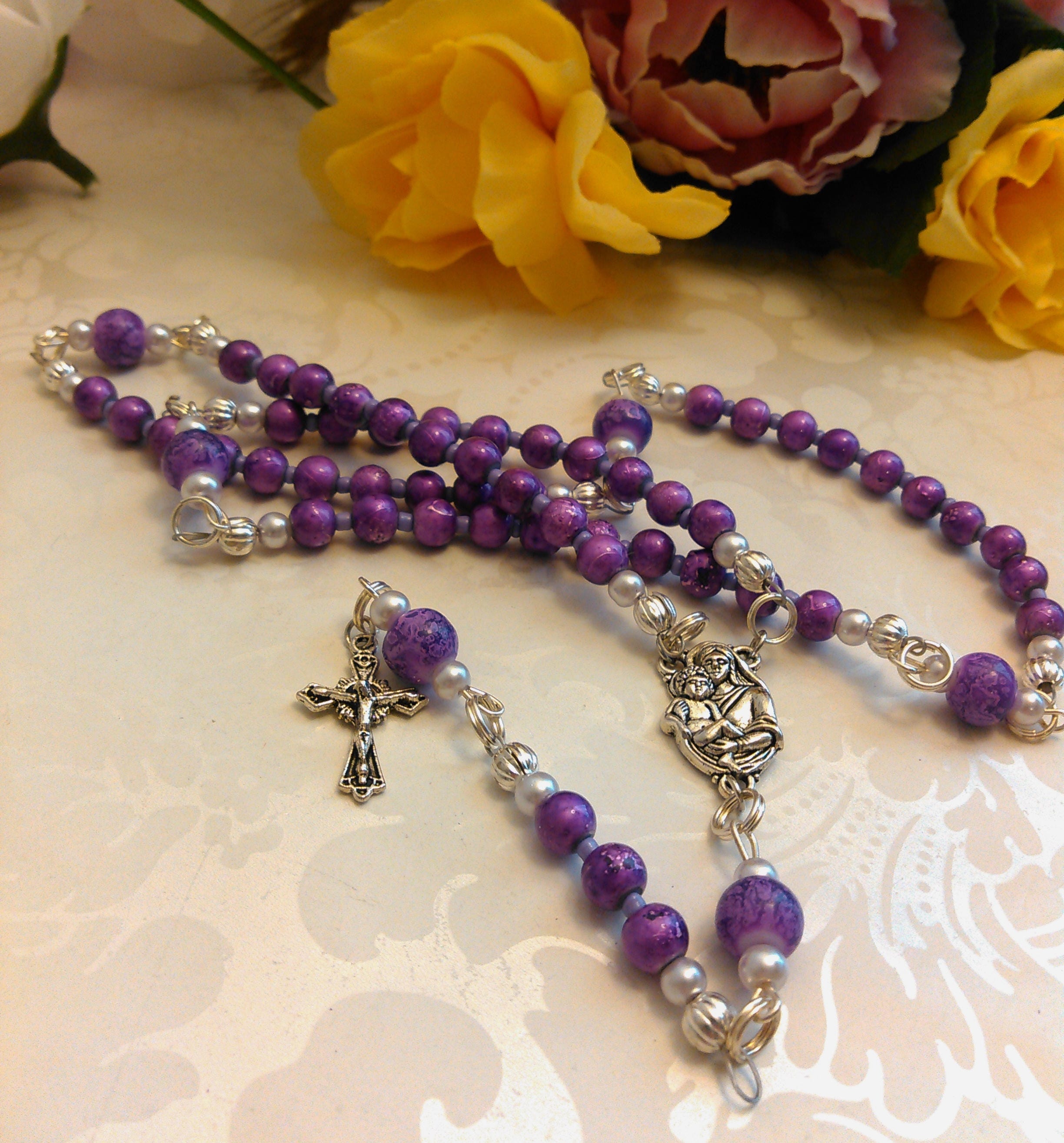 Royal Purple & Silver Catholic Rosary Handmade Rosary Necklace Etsy