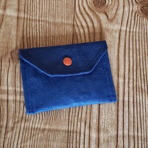 Cartera pequeña de ante azul con cierre a presión, mini cartera, estuche para tarjetas de visita, cartera para monedas, monedero de cambio, cartera delgada para artículos pequeños