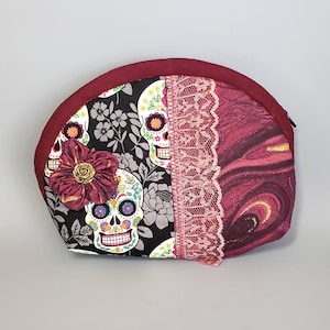 Bolsa con cremallera de calavera de azúcar, monedero de cambio, monedero de monedas, bolsa con cremallera pequeña del Día de los Muertos, calaveras de azúcar de lujo negras y borgoñas del Día de la Muerte