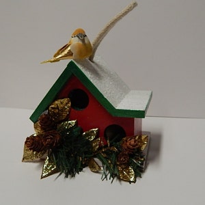 Small Decorative Birdhouse, Decorative Christmas Birdhouse Ornament, Mantel Holiday Decor, Painted Wooden Miniature Birdhouse image 3