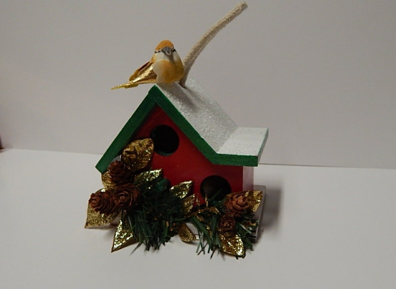 Small Decorative Birdhouse, Decorative Christmas Birdhouse Ornament, Mantel Holiday Decor, Painted Wooden Miniature Birdhouse image 3