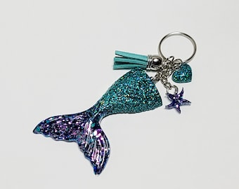 Teal Glitter Resin Mermaid Tail Keychain, Starfish Charm