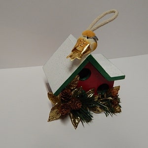 Small Decorative Birdhouse, Decorative Christmas Birdhouse Ornament, Mantel Holiday Decor, Painted Wooden Miniature Birdhouse image 2