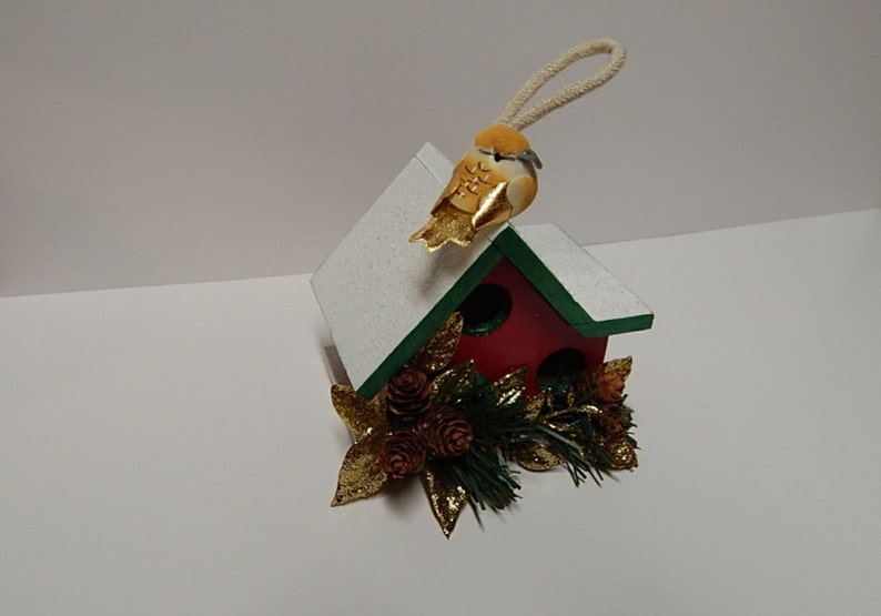 Small Decorative Birdhouse, Decorative Christmas Birdhouse Ornament, Mantel Holiday Decor, Painted Wooden Miniature Birdhouse image 2