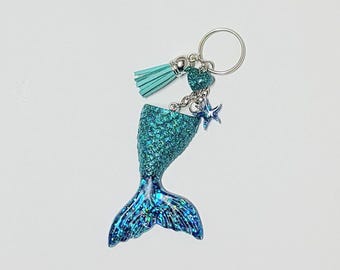 Teal Glitter Resin Mermaid Tail Keychain