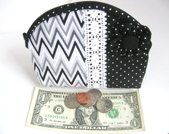 Black and White Zipper Pouch, Change Purse, Black and White Polka Dot and Zig Zag Chevron Pattern Small Zip Pouch, Gift for Her