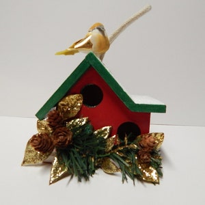Small Decorative Birdhouse, Decorative Christmas Birdhouse Ornament, Mantel Holiday Decor, Painted Wooden Miniature Birdhouse image 1