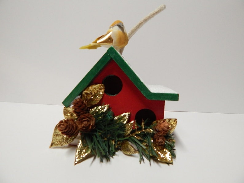 Small Decorative Birdhouse, Decorative Christmas Birdhouse Ornament, Mantel Holiday Decor, Painted Wooden Miniature Birdhouse image 1