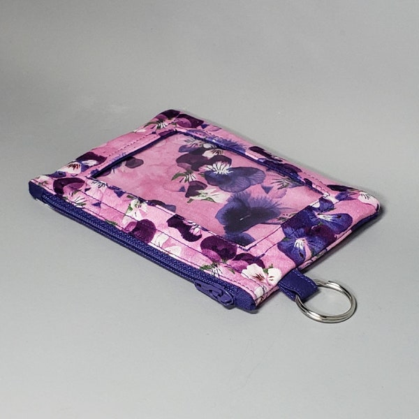 Purple Pansy Photo ID Wallet for Lanyard or Keyring, Pink and Purple Spring Flowers Minimalist Wallet with ID Window