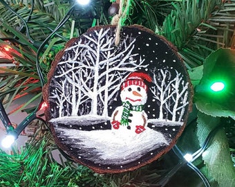 Handpainted Snowman Ornament on Wood Slice, Christmas Tree Ornament, Holiday Decoration, Winter Decor, Snowman Decor, Gift Idea