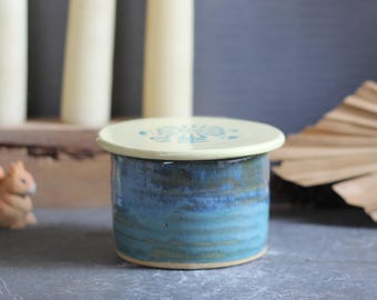 Handmade French Butter Keeper - Blue Ceramic 2 Piece - Wheel Thrown Butter Crock with Handpainted Lid