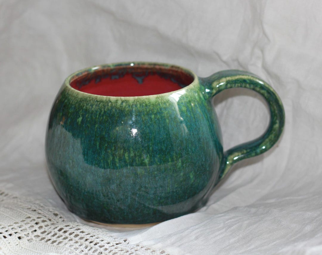 Wheel Thrown Mug, Ceramic - Green Fuchsia Red - Handmade Stoneware ...