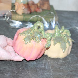Wheel Thrown Ceramic Pumpkin - Hand Formed Stems and Leaves - Hand Made Orange and Yellow Stoneware