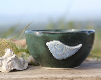 Porcelain Bowl, Green w/ Two Blue Birds - Handmade Cereal Ice Cream Soup - Pinched Rim