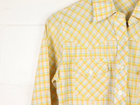 Yellow plaid button up shirt, 1970s vintage - image 3