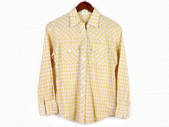 Yellow plaid button up shirt, 1970s vintage - image 1