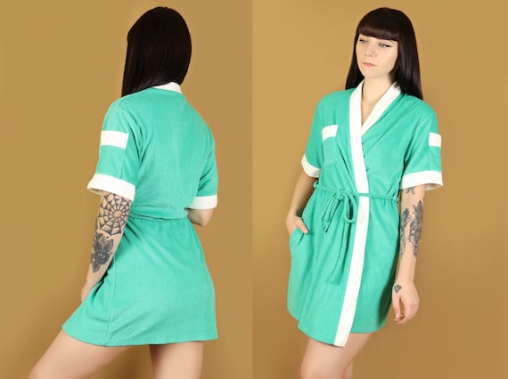Teal terry cloth robe, 1970s vintage, size small