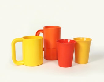 Yellow And Orange Retro Plastic Cup Set, 1970s Vintage