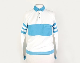 Blue And White Long Sleeve Polo Shirt, 1980s Vintage