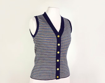 Yellow And Blue Striped Sweater Vest Top, 1970s Vintage