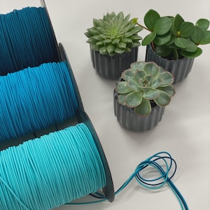 Puede incluir: Tres carretes de cord&oacute;n verde azulado, turquesa y aguamarina se encuentran junto a tres peque&ntilde;as suculentas en macetas. El cord&oacute;n est&aacute; enrollado firmemente en carretes negros. Las suculentas est&aacute;n en macetas grises oscuras y acanaladas.