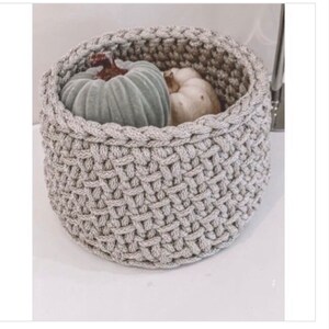 May include: A gray crocheted basket with a white and green pumpkin inside. The basket is made of thick yarn and has a woven pattern.