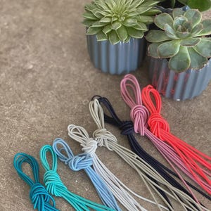 May include: An assortment of colorful elastic cords, knotted at one end, in shades of teal, blue, gray, navy, pink, and red. The cords are arranged on a textured surface, with small potted succulents in the background.