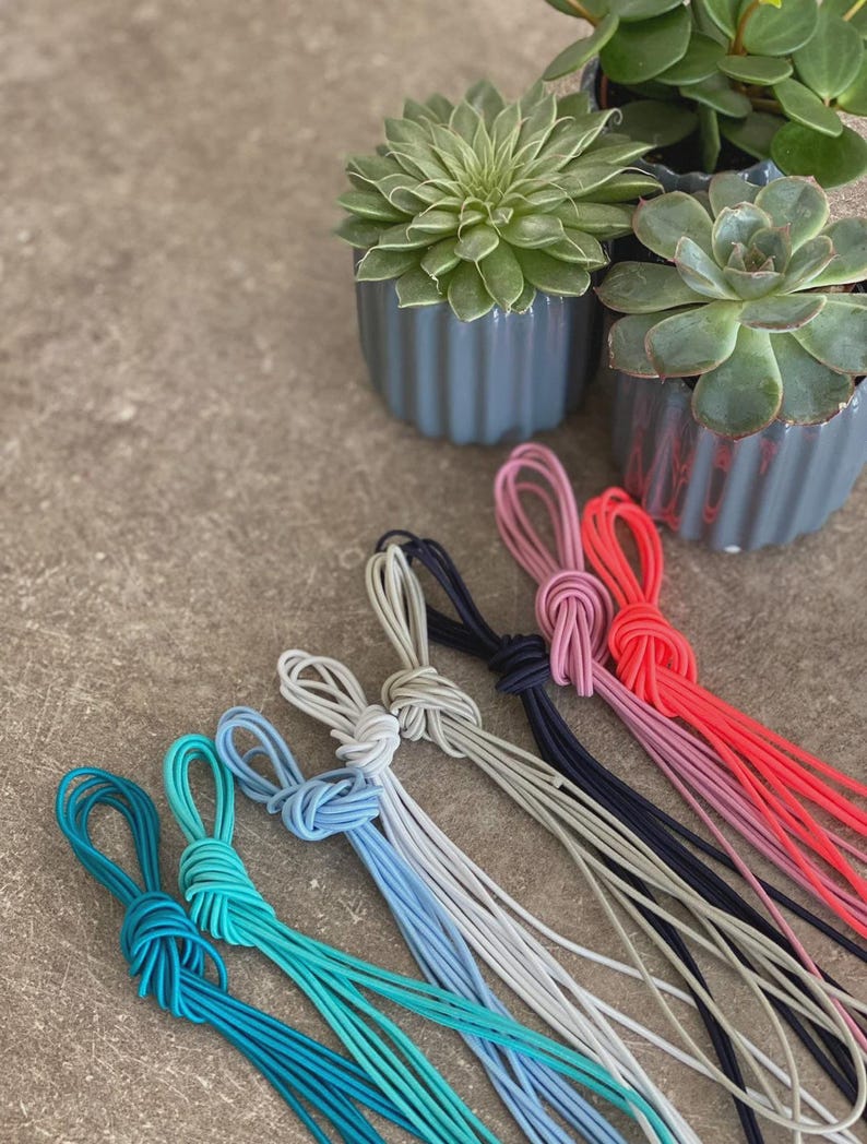 May include: An assortment of colorful elastic cords, knotted at one end, in shades of teal, blue, gray, navy, pink, and red. The cords are arranged on a textured surface, with small potted succulents in the background.