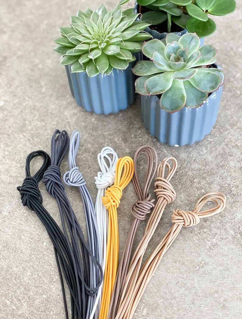 May include: A selection of plant ties in various colours: black, grey, white, yellow, and brown, each with a knotted loop. The ties are arranged in front of three small blue pots containing green succulents.