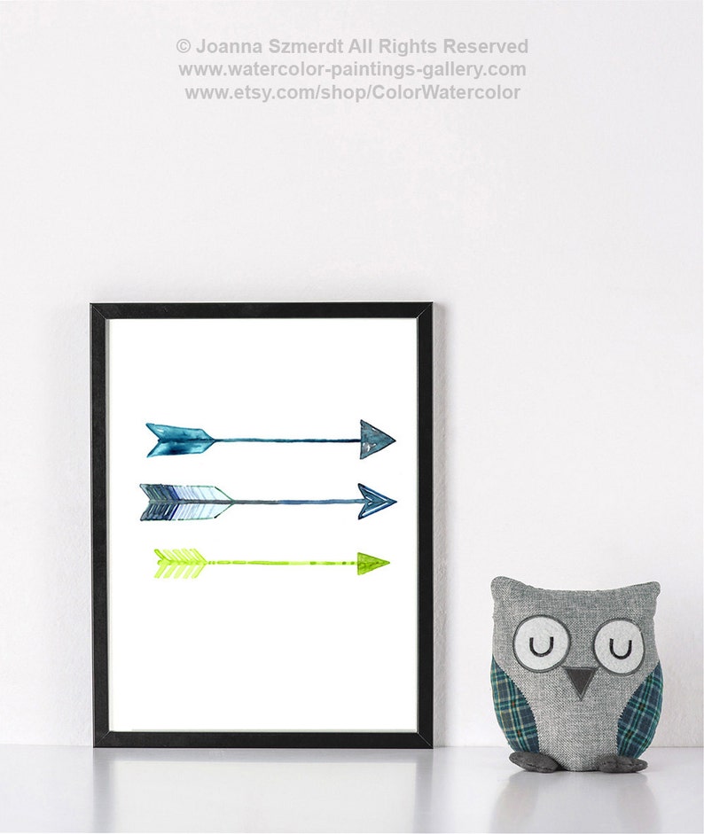 Arrows Home Decor Blue Lime Green Watercolor Painting Arrow Etsy