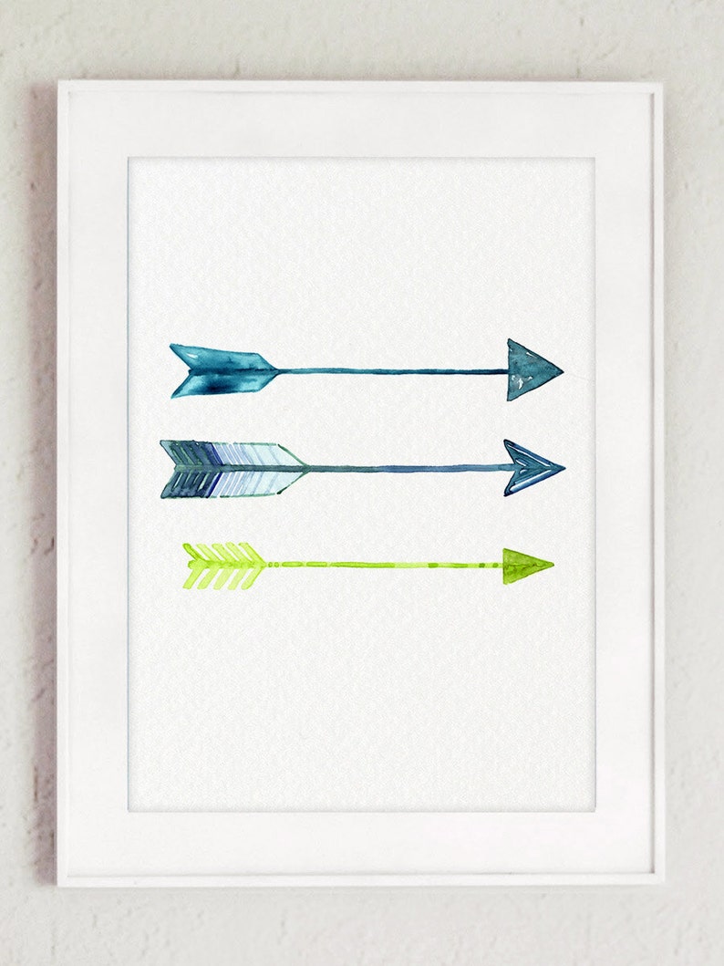 Arrows Home Decor Blue Lime Green Watercolor Painting Arrow Etsy