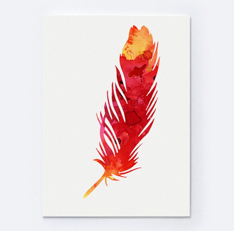 Feather Watercolor Print Colorful Feathers Painting Red Home Etsy