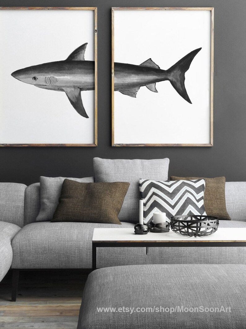 Shark Watercolor Wall Decor Set 2 Dark Paintings Greyish Oceanlife Motive Living Room Hangings Simplicity Nature Home Art
