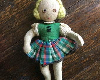 Felt Doll Girl with Yarn hair / Plaid skirt / Stitched Eyes / Tartan Blonde vintage doll collectible