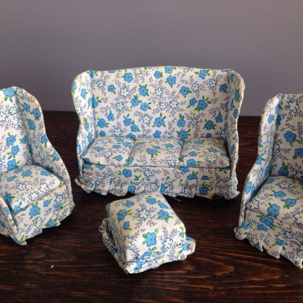 Vintage Miniature Dollhouse Furniture- Cloth Couch & Wing Back Chairs 1950's