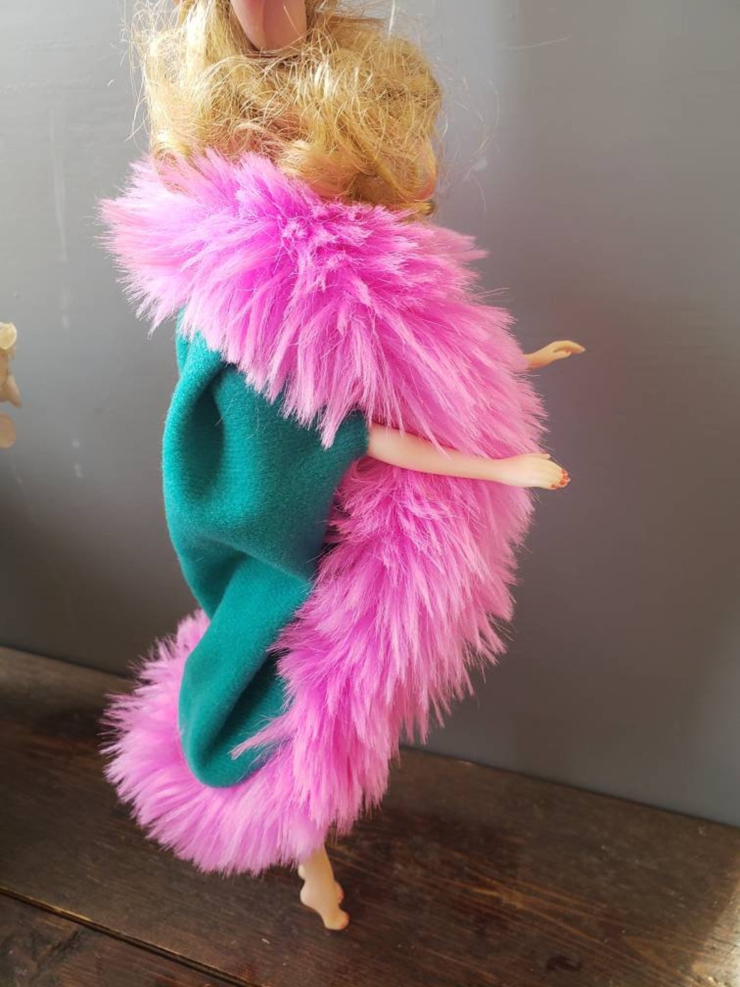 1990's Barbie Purple Label Pink Fur Lined Coat Shawl Cover Fashion Sweater Green Vintage Mattel
