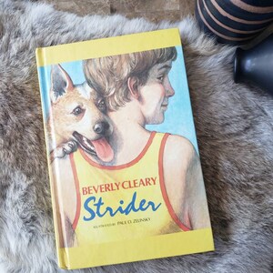 Peut inclure: Un livre de poche jaune intitulé "Strider" de Beverly Cleary, illustré par Paul O. Zelinsky. La couverture représente un garçon avec un chien, tous deux regardant vers la droite.