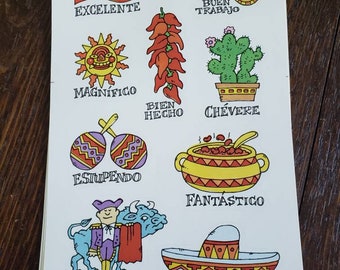 Twelve (12) Sheets Spanish Stickers 1994 School Matters Current Cactus Pepper Flag Classroom