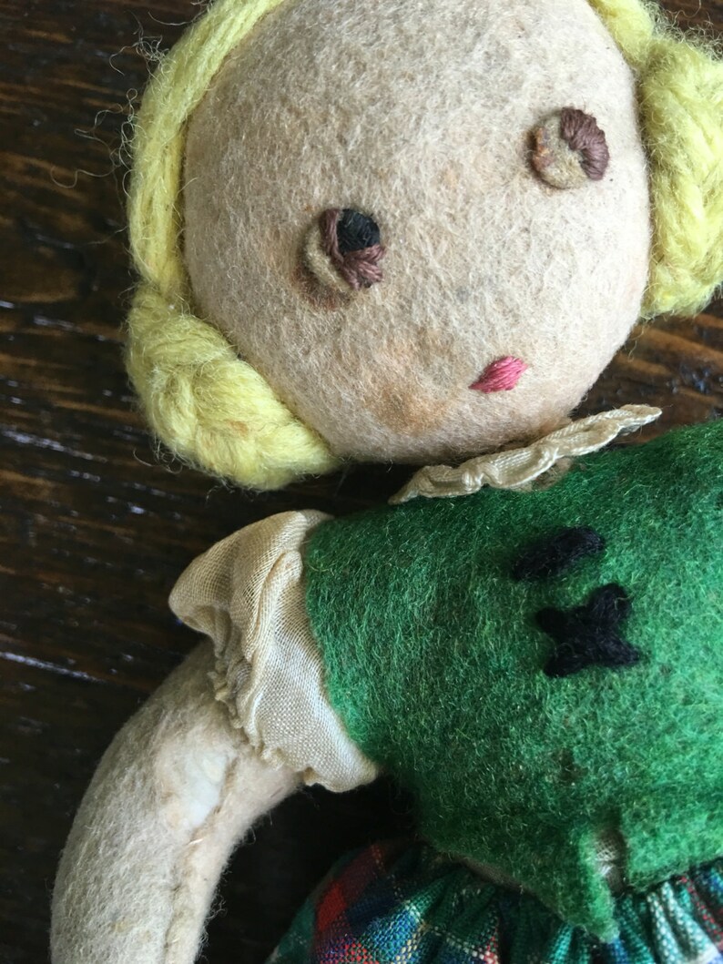 Felt Doll Girl With Yarn Hair / Plaid Skirt / Stitched Eyes / Etsy