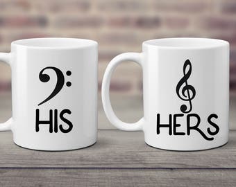 Music Lovers Coffee Mug Set. His and Hers. Wedding Gift. Bass and Treble Clef. Gift for Music Teacher. Musicians. Gift for Newlyweds.