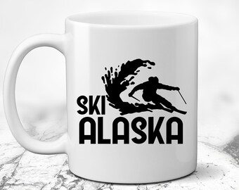 Ski Alaska Coffee Mug. 907 Mountain Teacup. Skiing Vacation Souvenir. Tea. Skier Present. Snowboarding gift. Alaskan Sports Cup. Snow Life.