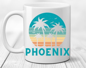 Phoenix Coffee Mug. Arizona Teacup. Desert Vacation Souvenir. Tea Drinker Gift. Coffee Lover Present. AZ Retro Design. Palm Tree. Snowbird.
