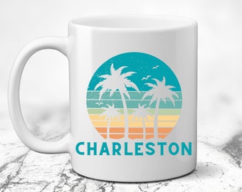 Charleston Coffee Mug. South Carolina Teacup. SC Beach Vacation Souvenir. Tea Drinker Gift. Coffee Lover Present. Retro. 843 Palm Tree Cup.