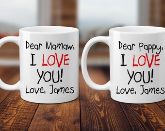 I love you Coffee Mugs Set. Dear Mamaw and Pappy Custom. Gift from Grandchild. Child Text. Thinking of You. Social Distancing. Stay Home