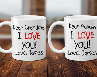 I love you Coffee Mugs Set. Dear Grandma and Papaw Custom. Gift from Grandchild. Child Text. Thinking of You. Social Distancing. Stay Home