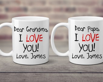 I love you Coffee Mugs Set. Dear Grandma and Papa Custom. Gift from Grandchild. Child Text. Thinking of You. Social Distancing. Stay Home