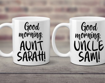 Good Morning Aunt and Uncle. New Custom Fun Auntie & Funcle Mug Set. Coffee Lover. Pregnancy Announcement. We're Pregnant. I'm Expecting.