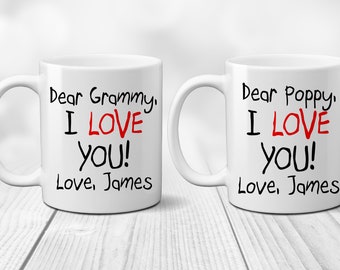 I love you Coffee Mugs Set. Dear Grammy and Poppy Custom. Gift from Grandchild. Child Text. Thinking of You. Social Distancing. Stay Home.