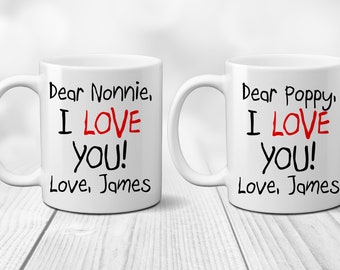 I love you Coffee Mugs Set. Dear Nonnie and Poppy. Custom. Gift from Grandchild. Child Text. Gift for New Grandparents. We Love You Note