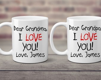 I love you Coffee Mugs Set. Dear Grandma and Grandpa Custom. Gift from Grandchild. Child Text. Thinking of You. Social Distancing. Stay Home